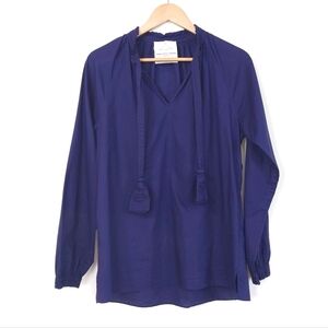 Charlotte Brody Cotton Tie Neck Long Sleeves Blouse Size L In Navy Blue